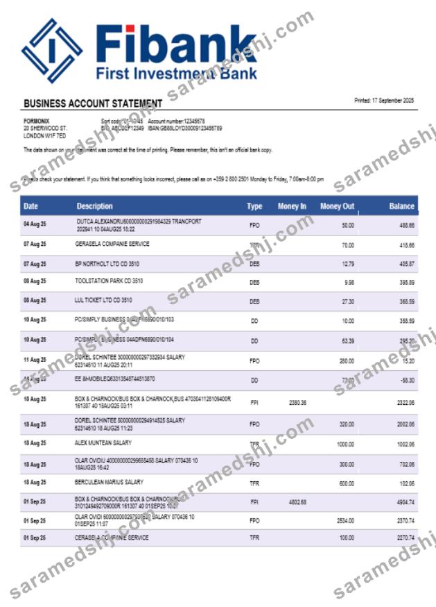 Fibank bank business bank statement Word and PDF format